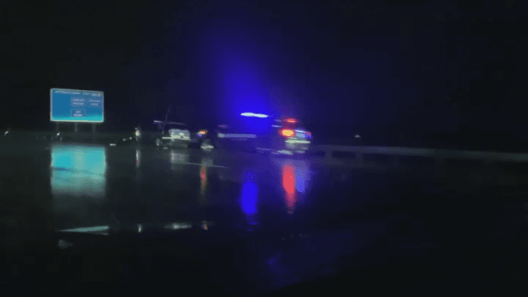 Boston police car's lights flashing at night