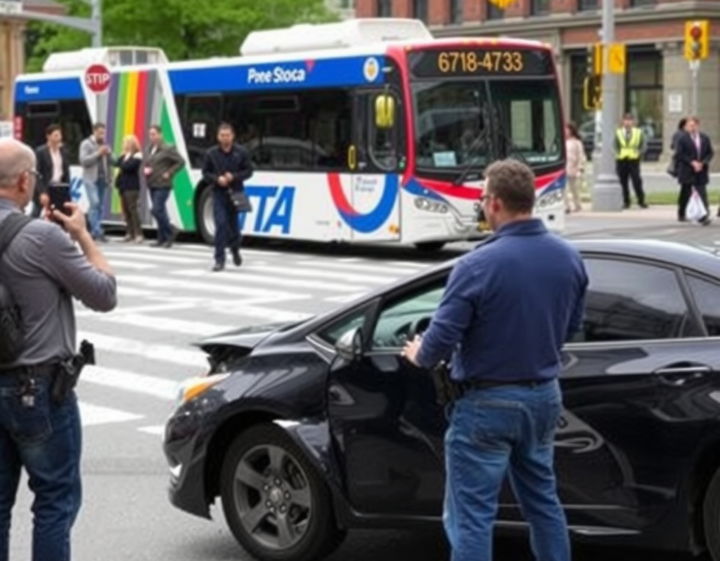 A busy Boston street with an MBTA bus and a damaged car at an intersection.